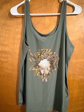 No Boundaries Olive Green Tank with Floral Skull Graphic